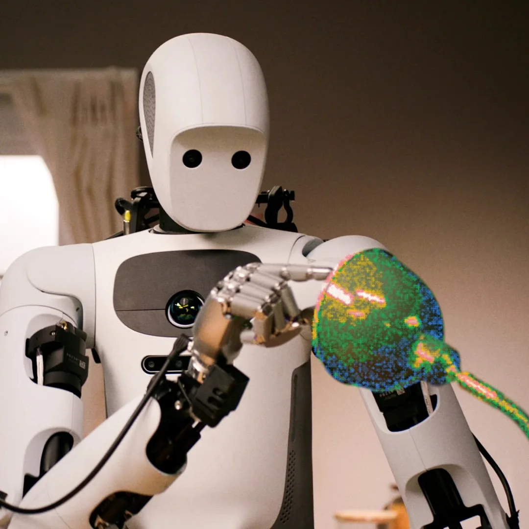 Close-up of a humanoid robot pointing at a spatial interface representation.