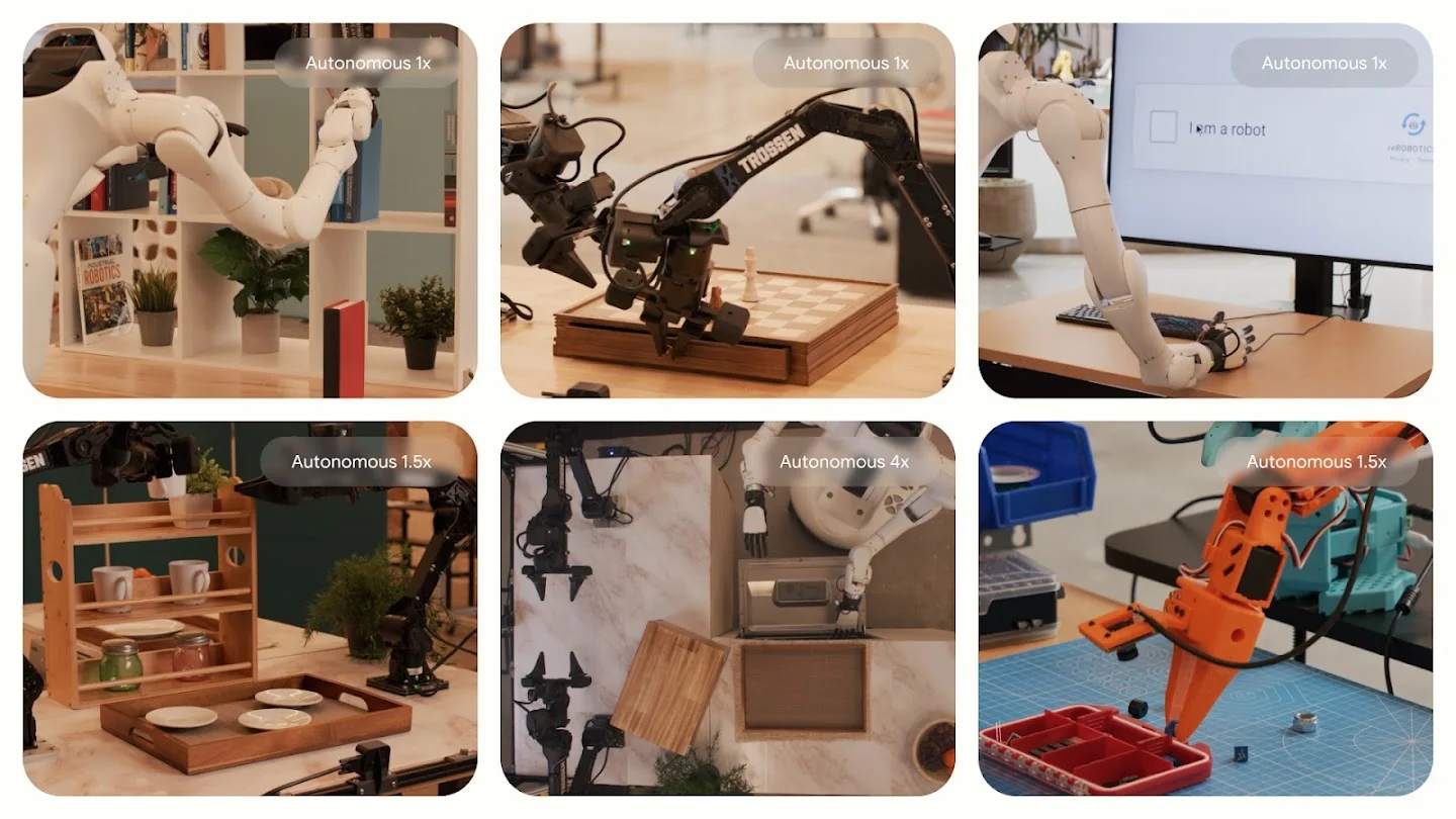Collage of robotic arms and humanoids operating autonomously in various environments.