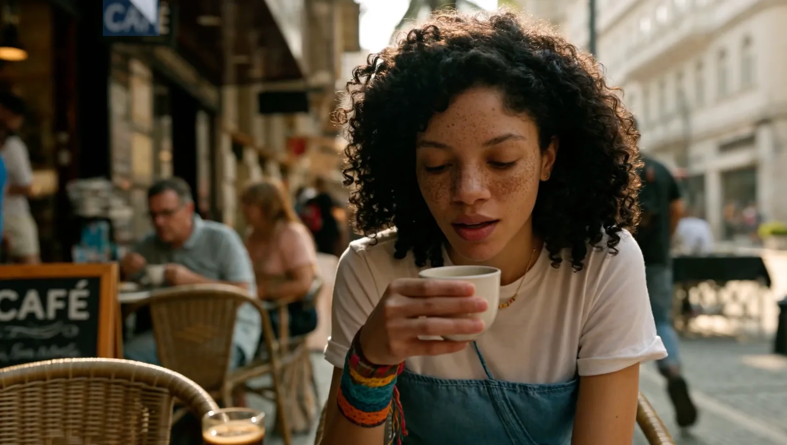 A woman with dark curly hair and freckles sitting at an outdoor café table drinking from a small cup.