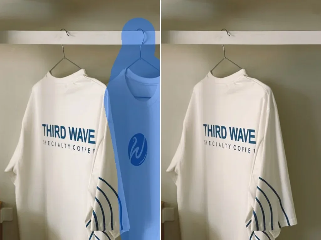 A split product photo showing a blue highlighted shirt on a rack that is subsequently removed in the final image.